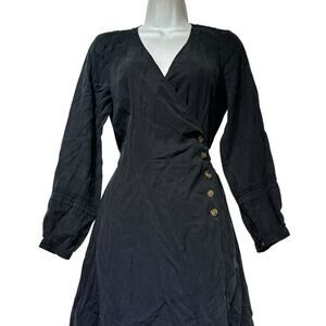 Alp N Rock Black Embroidered Midi Wrap Dress Size S Maya V-Neck Long Sleeve